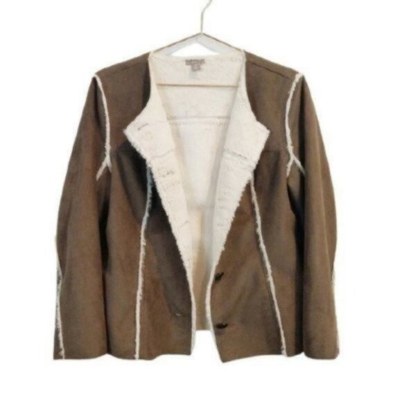 J. Jill Faux Suede fur Button Front Coat Jacket Brown Cream - Picture 1 of 7